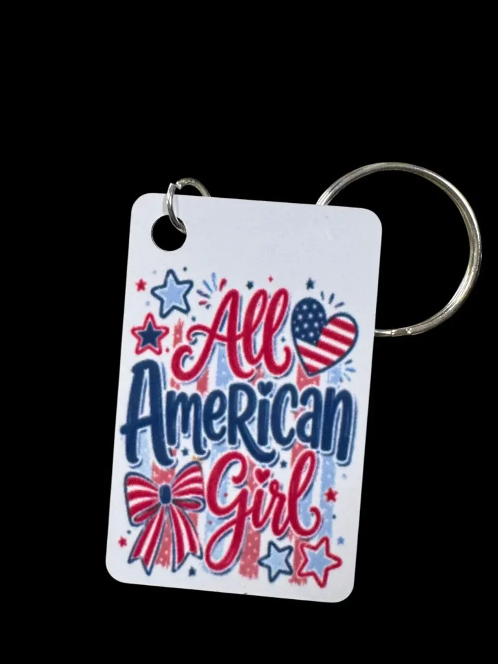 All American Girl Patriotic Metal Keychain, Red White and Blue USA Flag Design
